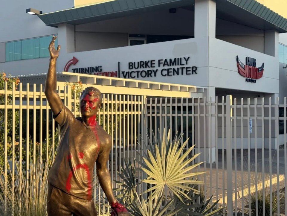 Charlie Kirk statue vandalized with vile mockery of his death just days after unveiling at Turning Point HQ