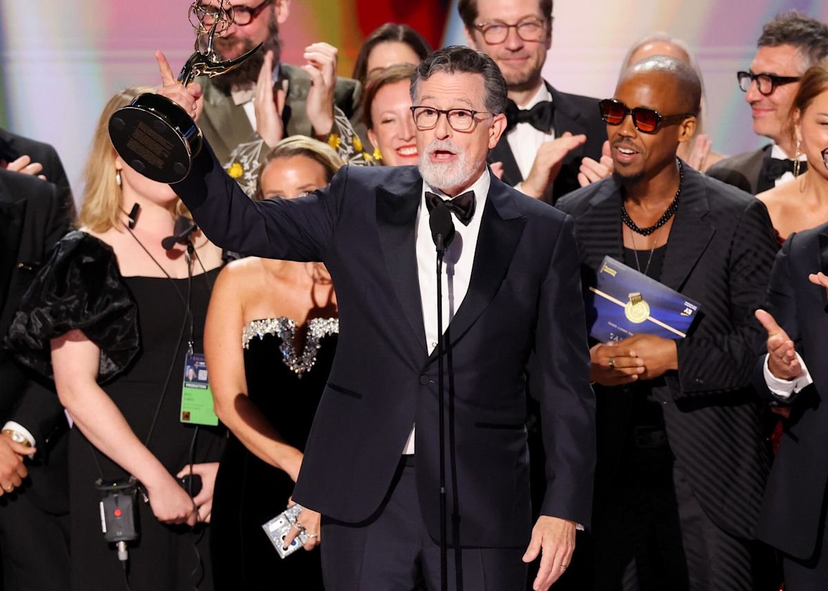 Stephen Colbert asks Hollywood for a favor during emotional Emmys farewell that makes his wife cry